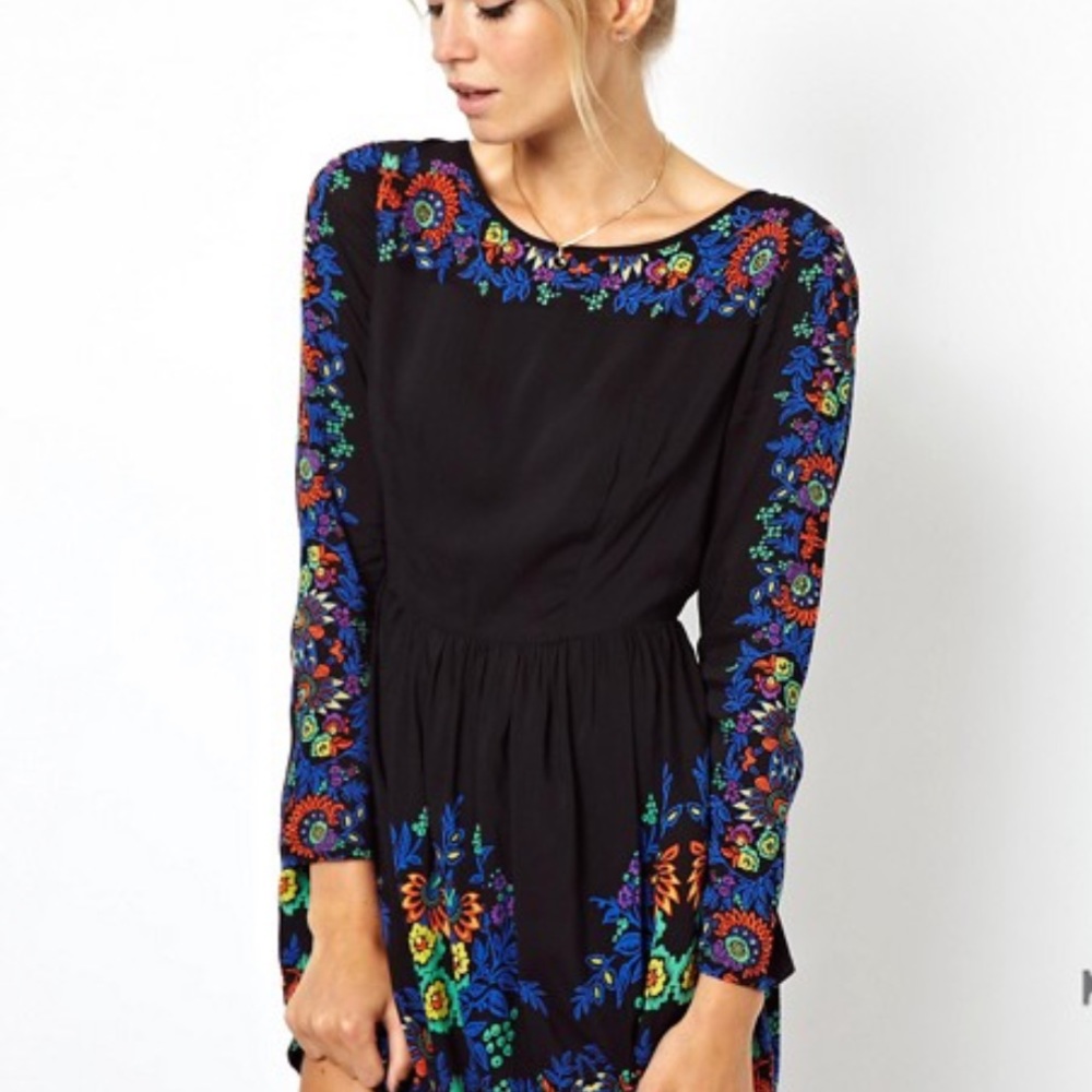 ASOS Long Sleeve Skater Dress in Floral Folk Print